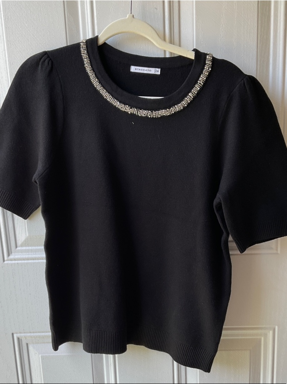 Staccato Black Short Sleeve Knit Top with Beaded Neckline
